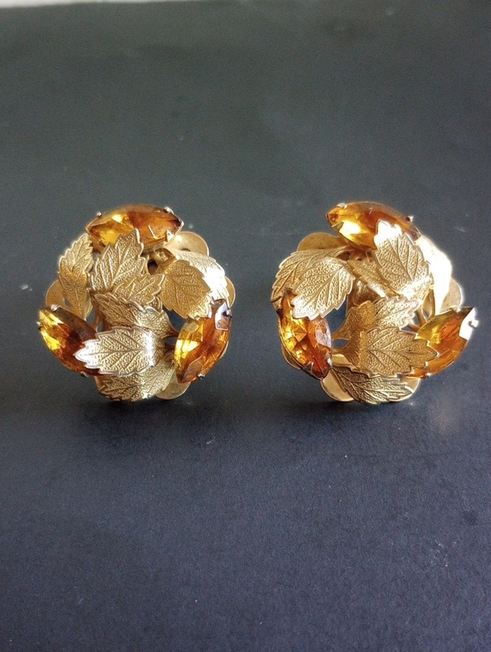 Gold Leaf Amber Crystal Clip-On Earrings